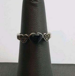 Vintage Sterling Silver Marcasite And Onyx Heart Ring Size 5.  5