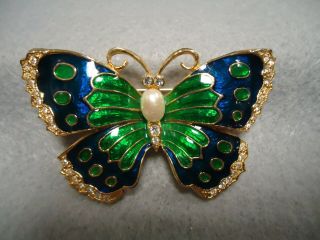 Vintage Shimmery Blue Green Enamel Rhinestone Big Butterfly Insect Brooch Pin