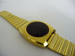 Vintage Red Led Digital Display Wrist Watch; Gold Metal Case & Strap 1970s Era