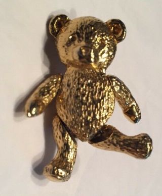 Vtg 80s Pin 1 1/2” Jointed Teddy Bear Pin Stippled Goldtone