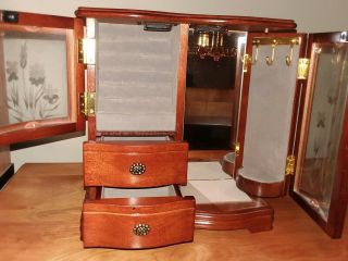 Vintage Wood Etched Glass Floral Armoire Hanger Jewelry Box 10 Inch