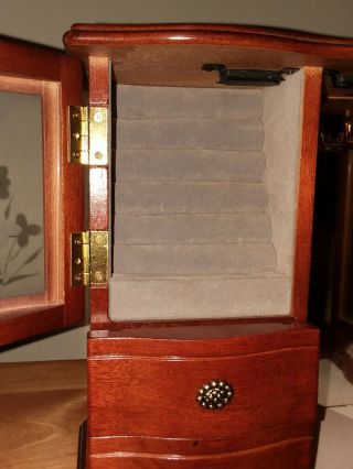 Vintage Wood Etched Glass Floral Armoire Hanger Jewelry Box 10 Inch 4