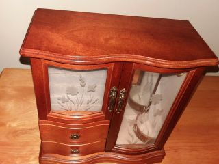 Vintage Wood Etched Glass Floral Armoire Hanger Jewelry Box 10 Inch 5