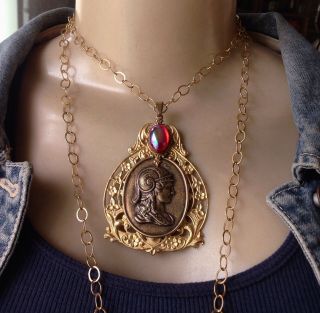Minerva Vintage Necklace Art Nouveau Goddess Huge Brass Pendant Long Chain