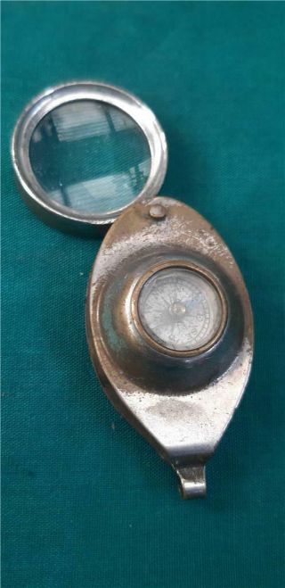 Vintage Pocket Magnifying Glass With Built In Compass Made Of Chrome On Brass