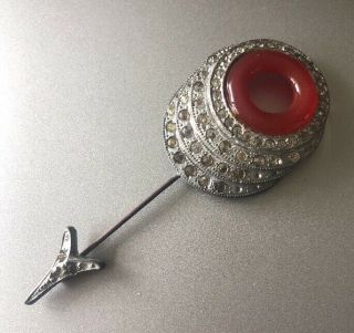 Vintage French Art Deco Rhinestone Carnelian Glass Jabot Double Stick Hat Pin