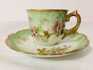 Tea Cup Saucer Set Ls&s Limoges France Green Purple Floral Gold Trim Vintage