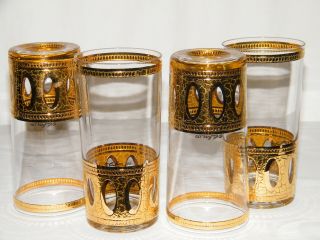 Vintage Set (4) Culver 22k Gold " Antigua " Glass Tumblers Signed Ex