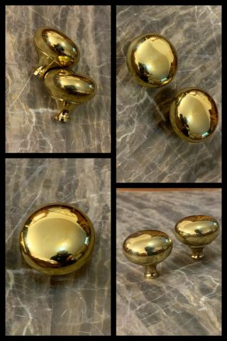 2 Knobs Bright Brass Round Pedestal Pulls Mid Century Cabinet Drawer Vintage