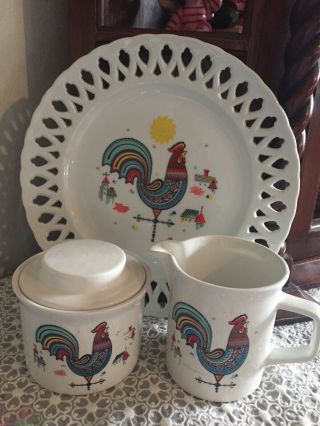 Vintage Scandinavian Dala Rooster Berggren Porcelain Creamer Sugar Bowl & Plate