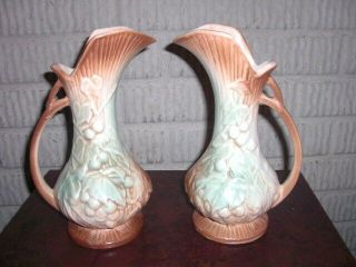 2 Vintage Mccoy Art Deco Grapes & Leaves Pattern Pitcher Vase Set