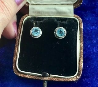 Gorgeous Vintage Art Deco Silver & Aquamarine Gemstone Set Stud Earrings 1930s