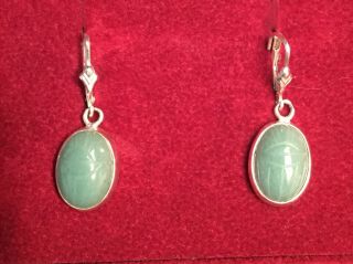 Vintage Carved Green Jade Sterling Silver Dangle Earrings