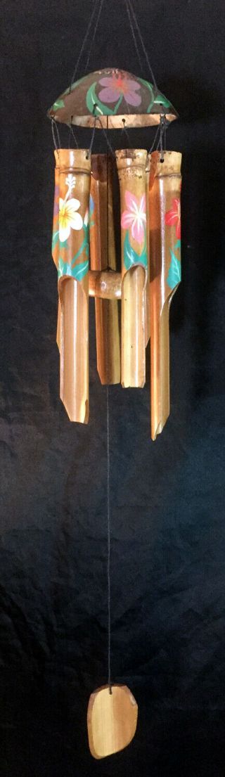 Vintage Hawaiian Wind Chimes Bamboo & Coconut Shell Hand Painted Flowers