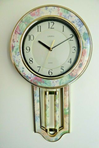 Vintage Linden Quartz Pendulum Wall Clock Pastel Floral Watercolor Pink Green