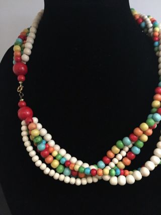 VINTAGE 70 ' s Bright Multi Colored Wood Bead 5 Strand Torsade Style Necklace 2