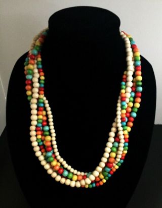 VINTAGE 70 ' s Bright Multi Colored Wood Bead 5 Strand Torsade Style Necklace 3