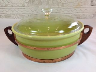 Vintage Bauer Pottery 9 " Covered Casserole With Metal And Wood Carrier Stand