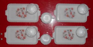 Vintage Set Of 4 Fleurette Fire - King Snack Trays / Tea Cups,  Creamer And Sugar