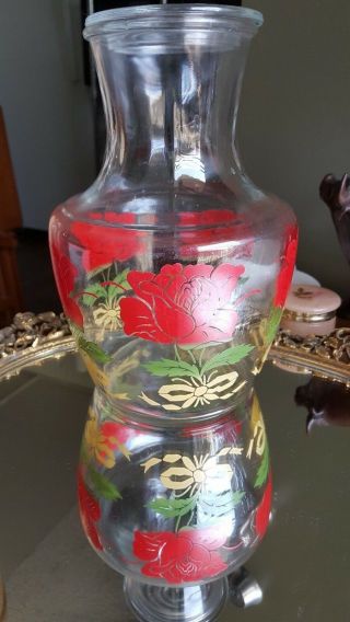 Vintage Anchor Hocking Red And Yellow Roses Ribbons Glass Carafe Oj Pitcher