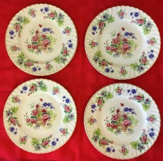 Vtg Royal Crown Staffordshire Set Of 4 Porcelain Sandwich Or Salad Plates Floral