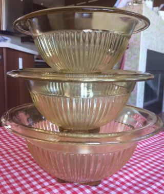 Yellow Depression Glass Mixing Bowls Set Of 3 Amber Gold Vintage Ribbed