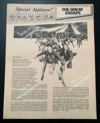 Vintage Special Applause Issue The Great Escape 1963 Mcqueen Garner Mpaa Mailer