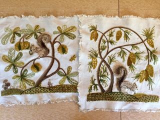 2 Vintage Embroidered Retro Squirrel,  Crewel 3d Panels For Pillows Or Framing
