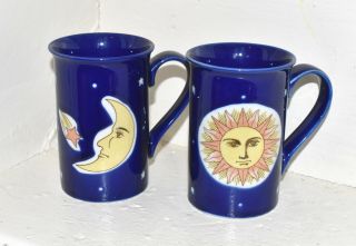 Vintage Pier 1 Imports Blue Moon Sun And Stars Mug Set Of 2