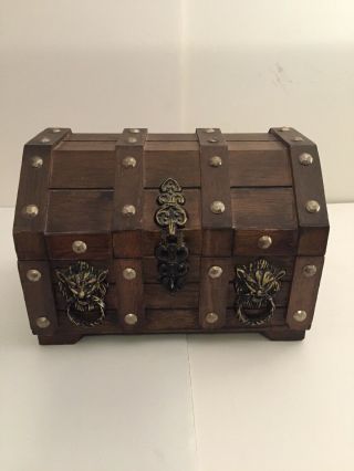 Vintage Wood Pirate Treasure Chest Jewelry/trinket Box &tray Brass Lion Heads