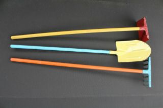Vintage 3 Piece Kids Garden Tools Rake,  Hoe,  Shovel Metal W/wooden Handles