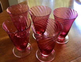 5 Vintage Cranberry Footed Tumblers/glasses Iced Tea/water Swirl Pattern