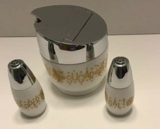 Vtg Gemco Golden Butterfly Sugar Bowl,  Salt & Pepper Shaker Pyrex Corelle