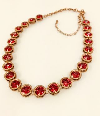 Vintage Necklace.  Sparkling Red Crystals Gold Tone Metal