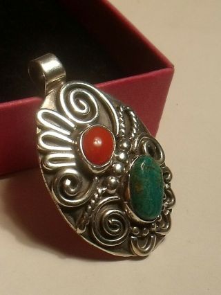 Vintage Sterling Silver Turquoise & Coral Navajo Pendant.  Signed