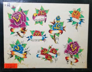 Vintage 80s S&r Huck Rogers Produx Tattoo Rose Flower Banner Colors:monk