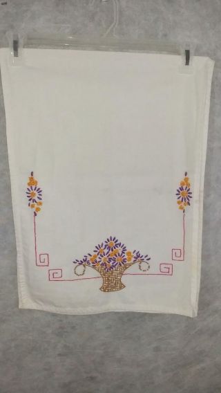 Vintage Hand Embroidered Doily Table Runner Linen Purple Flower Basket 40 X 15