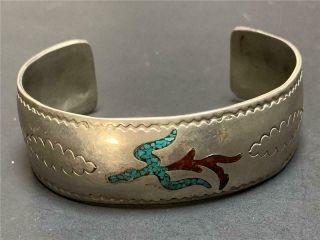 Vintage Southwestern Cuff Bracelet With Turquoise And Coral Inlay