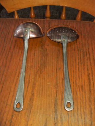 Vintage French Pair Kitchen Copper Utensils Ladle,  Skimmer Thick Metal Handle