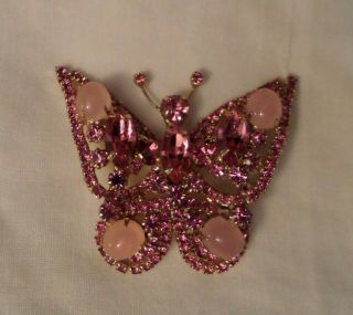 Elegant High End Vintage Designer Pink Rhinestone Butterfly Brooch Pin