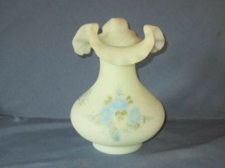 Vintage Fenton Blue Satin Glass Vase Blue Roses Hand Painted Debra C Hill