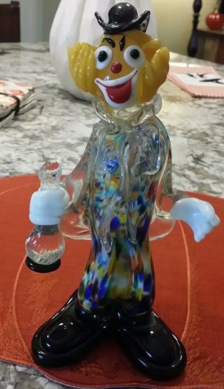 Vintage Murano Art Glass Clown With Wine Bottle 9 " Tall