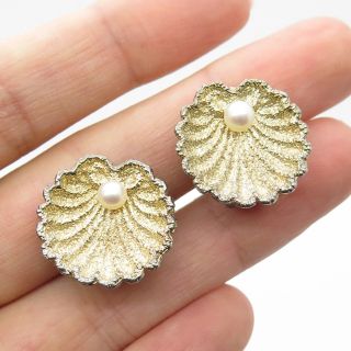 Vintage Napier 925 Sterling Silver Real Pearl Seashell Clip On Earrings
