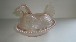 Vintage Pale Pink " Hen On Nest " Glass Candy Dish