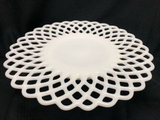 Vintage Lattice Lace Edge Spiral Milk Glass Round Footed Serving Plate