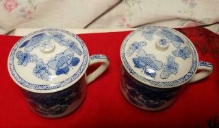 2 Vintage White & Blue Porcelain Butterflies Tea Cup - Mug with Lid Made in China 2