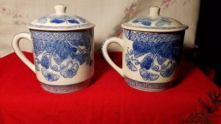 2 Vintage White & Blue Porcelain Butterflies Tea Cup - Mug with Lid Made in China 3