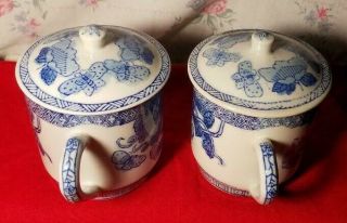 2 Vintage White & Blue Porcelain Butterflies Tea Cup - Mug with Lid Made in China 4