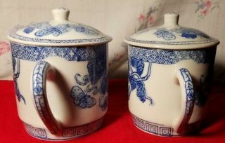 2 Vintage White & Blue Porcelain Butterflies Tea Cup - Mug with Lid Made in China 5