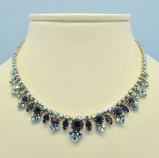 Vintage Necklace 1950s Blue Aurora Borealis Crystal Silvertone Bridal Jewellery